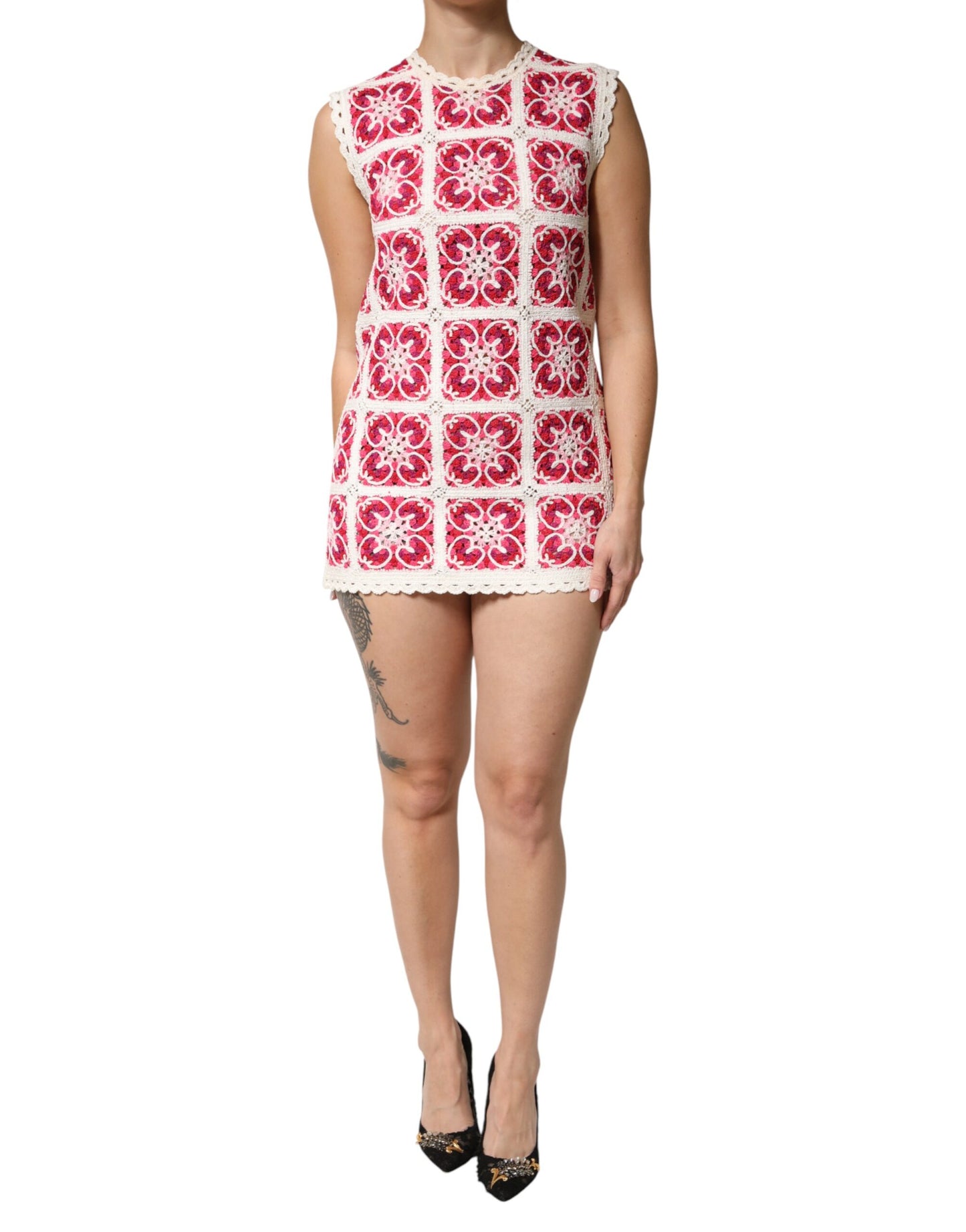 Multicolor Brick Stitched Crochet Mini Dress