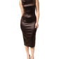 Brown Satin Sheath Midi SleeveLess Dress