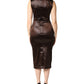 Brown Satin Sheath Midi SleeveLess Dress