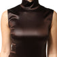 Brown Satin Sheath Midi SleeveLess Dress
