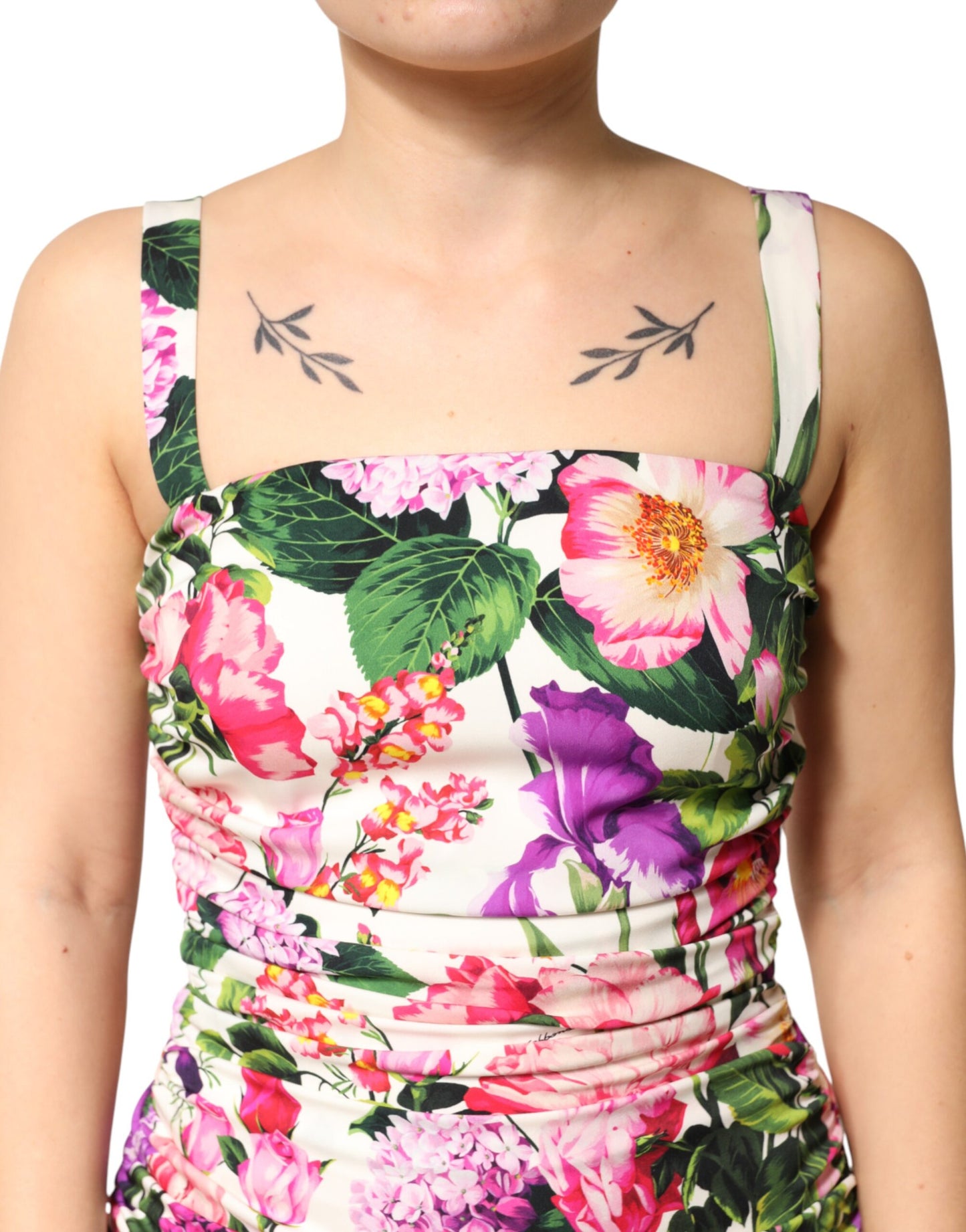 Multicolor Floral Ruched Silk Charmeuse Mini Dress