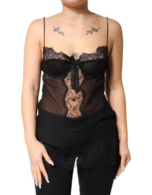 Black Silk Floral Lace Chemise Lingerie Top