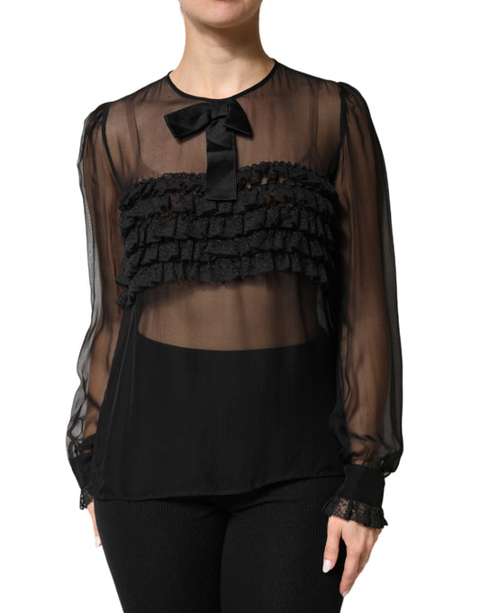 Black Silk Sheer Ruffle Tie-Neck Blouse Top