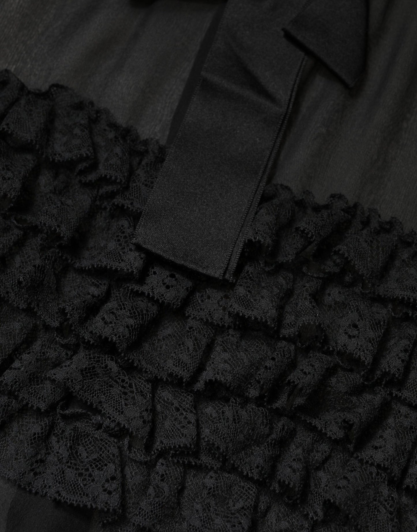 Black Silk Sheer Ruffle Tie-Neck Blouse Top