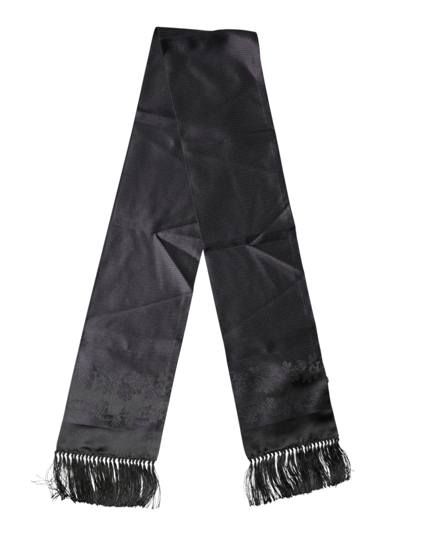 Black Satin Silk Fringes Neck Foulard Scarf