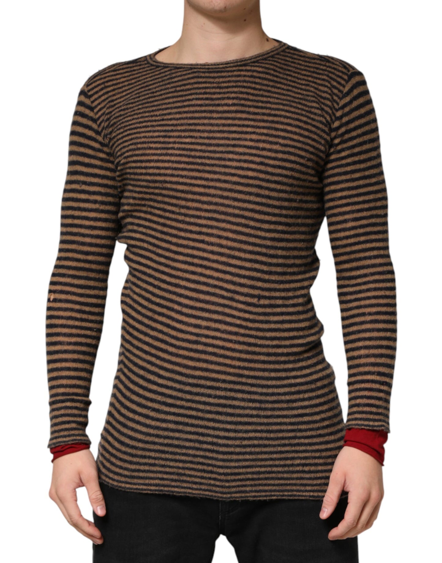 Brown Black Stripes Wool Crew Neck Pullover Sweater