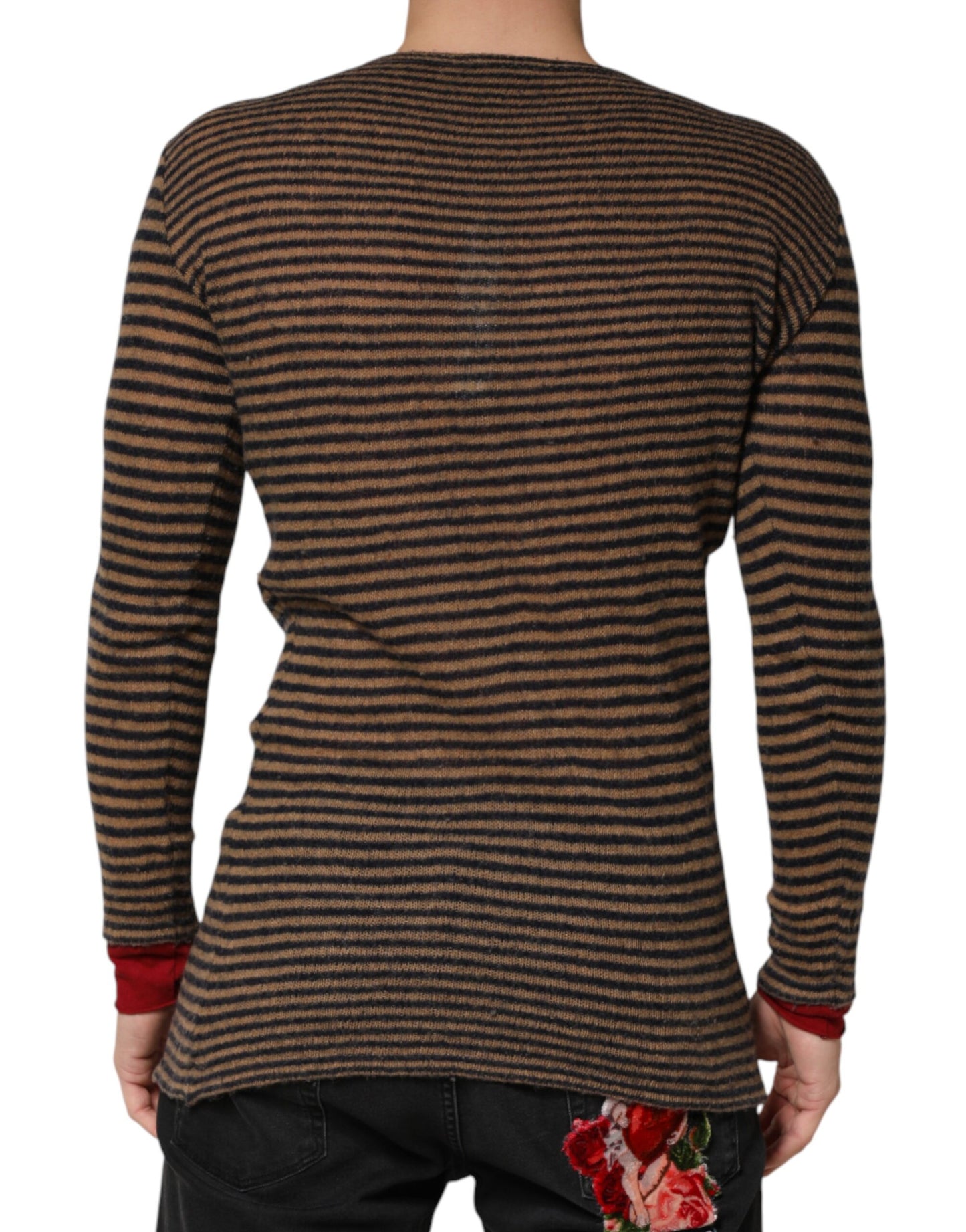Brown Black Stripes Wool Crew Neck Pullover Sweater