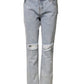 Light Blue Tattered Mid Waist Straight Denim Jeans