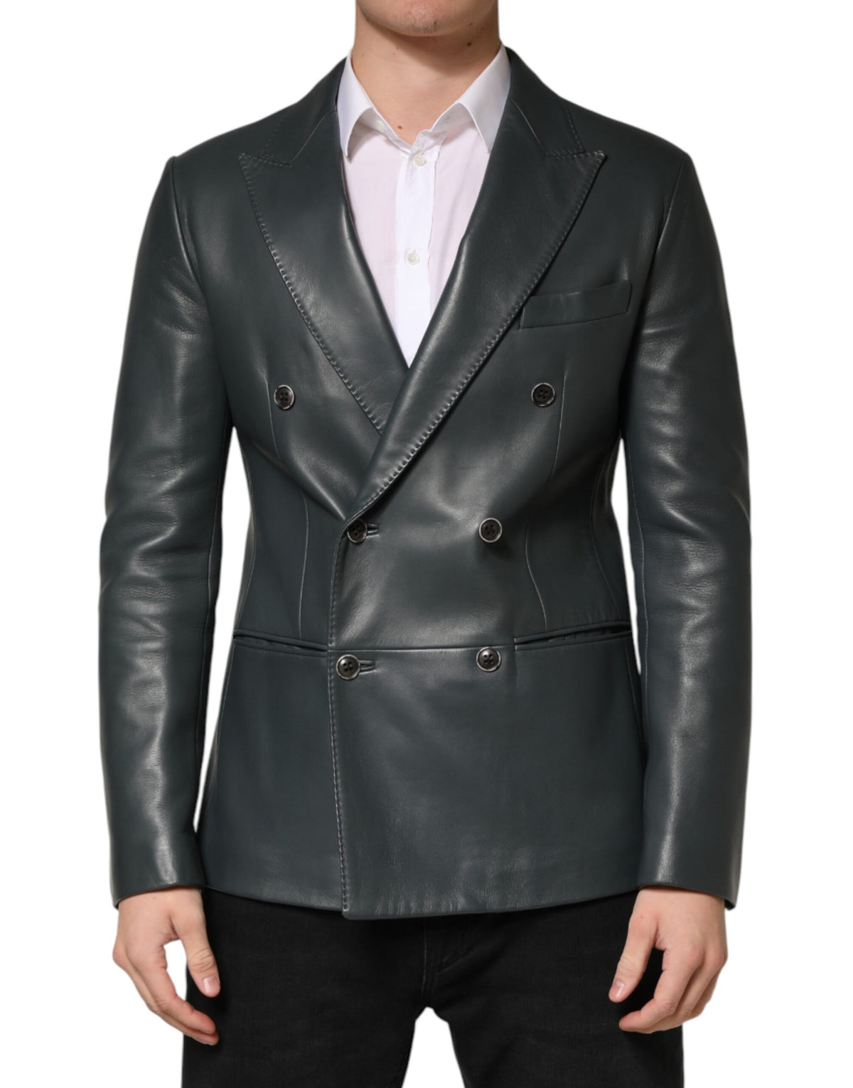 Dark Gray Leather Double Breasted 2Button Blazer