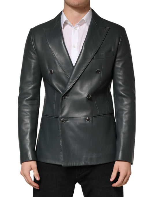 Dark Gray Leather Double Breasted 2Button Blazer