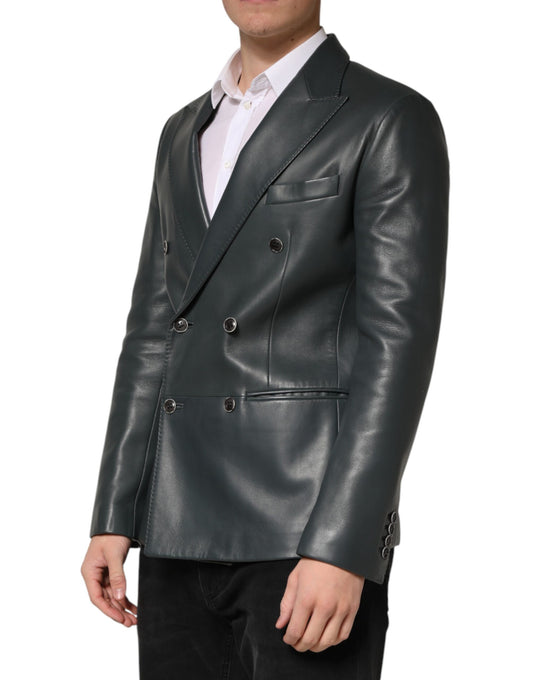 Dark Gray Leather Double Breasted 2Button Blazer