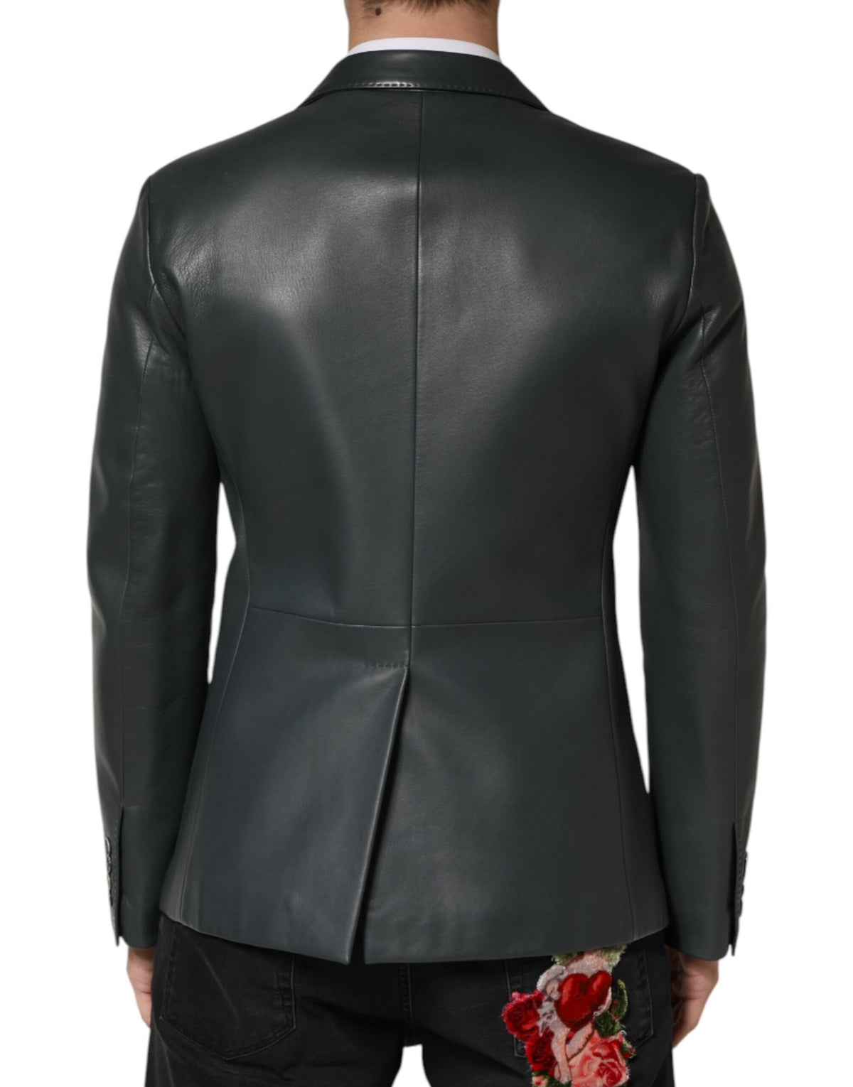 Dark Gray Leather Double Breasted 2Button Blazer