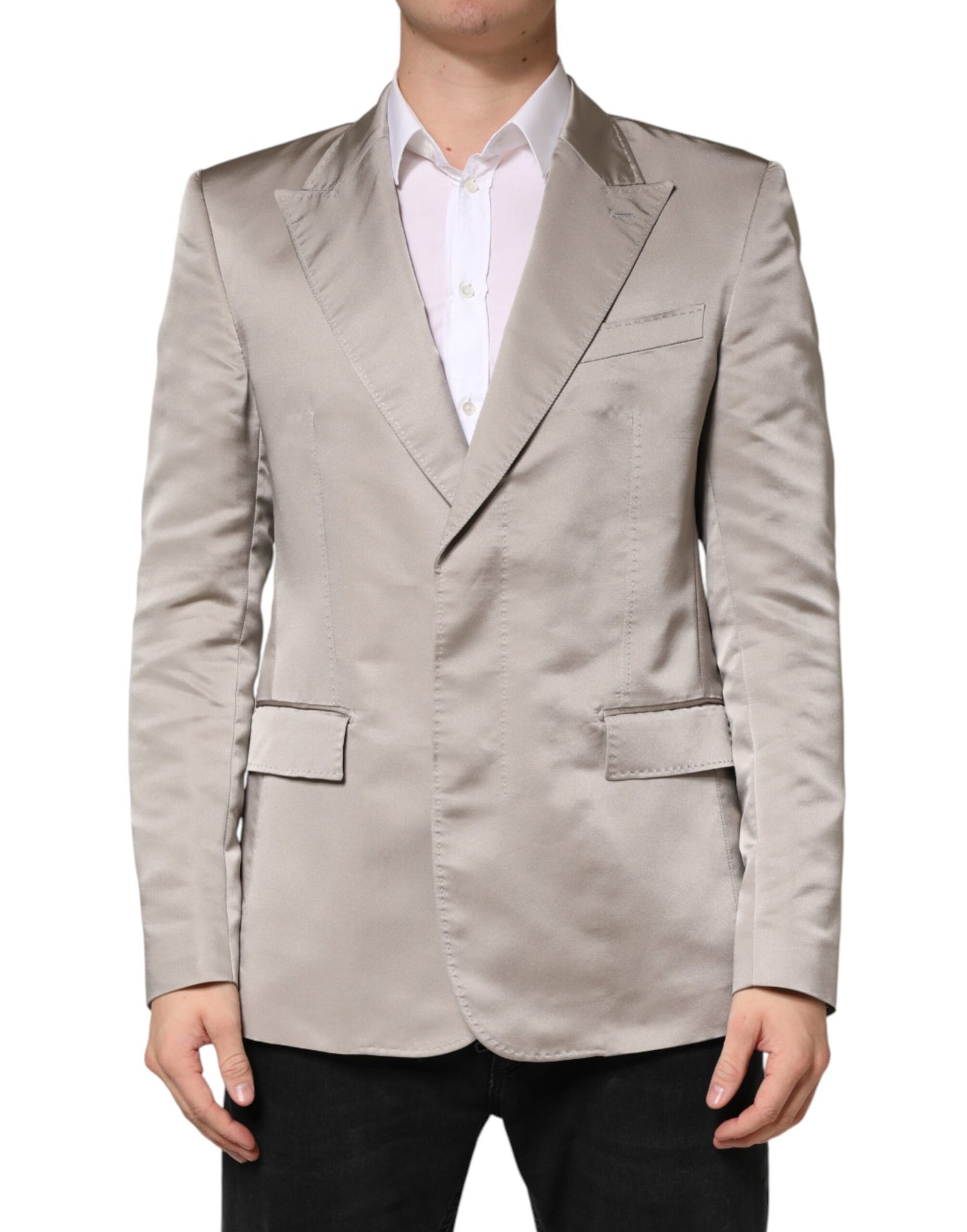 Beige Silk Single Breasted Jacket Men Blazer