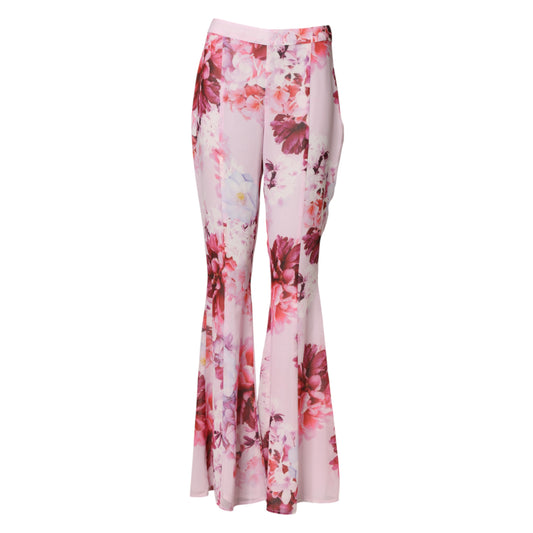 Pink Floral Flared High Waist Trouser Pants