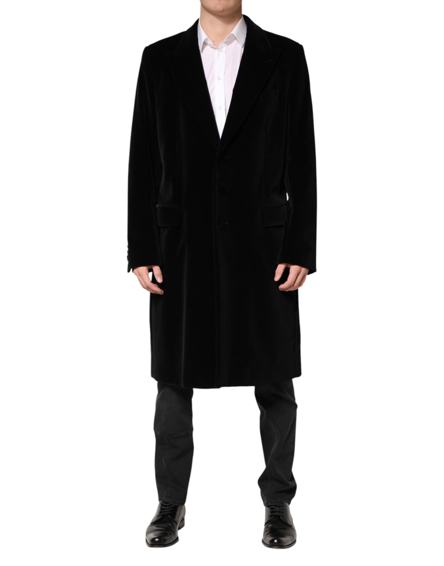 Black Cotton Velvet Long Trench Coat Jacket