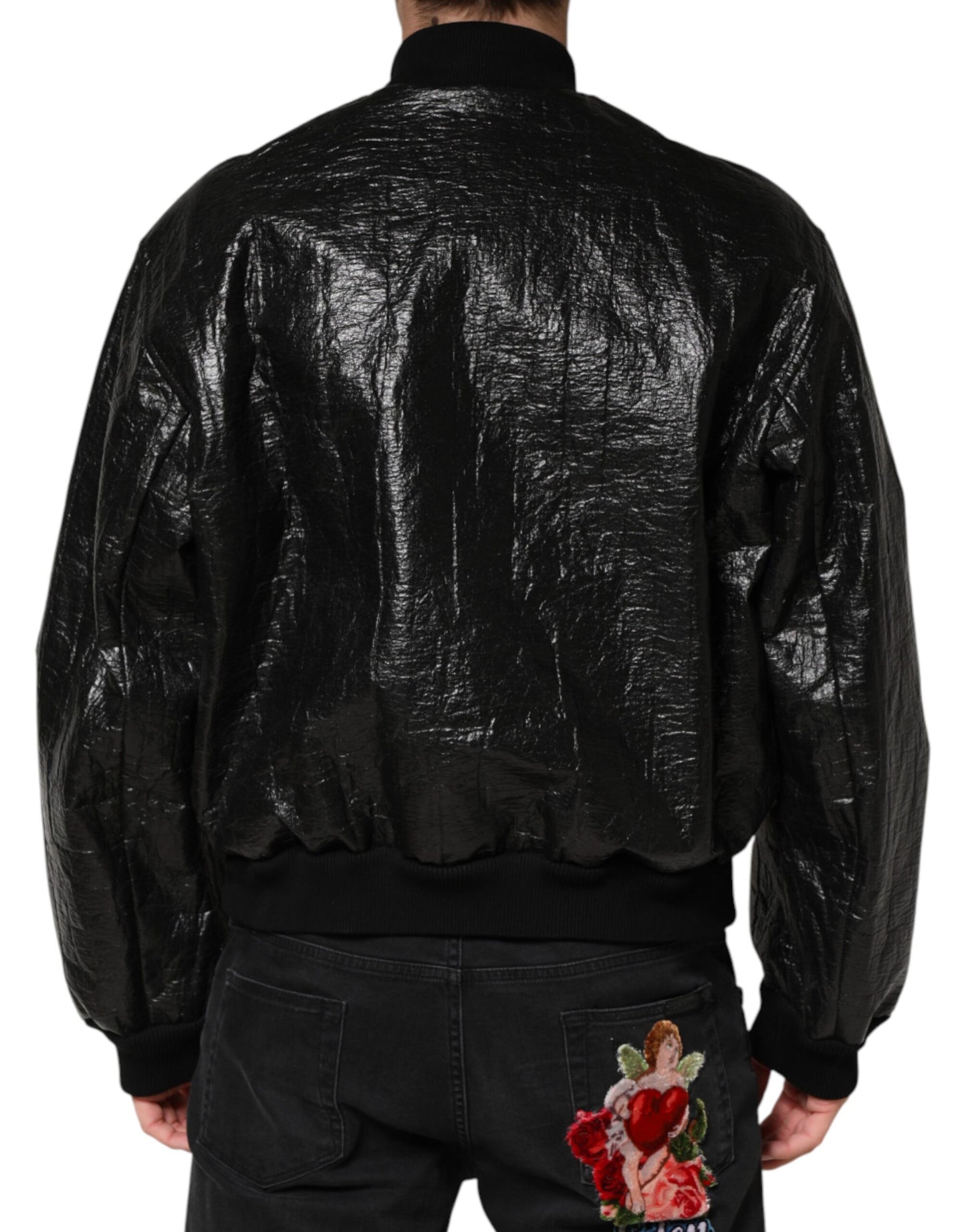 Black Cellulose Leather FullZip Biker Jacket
